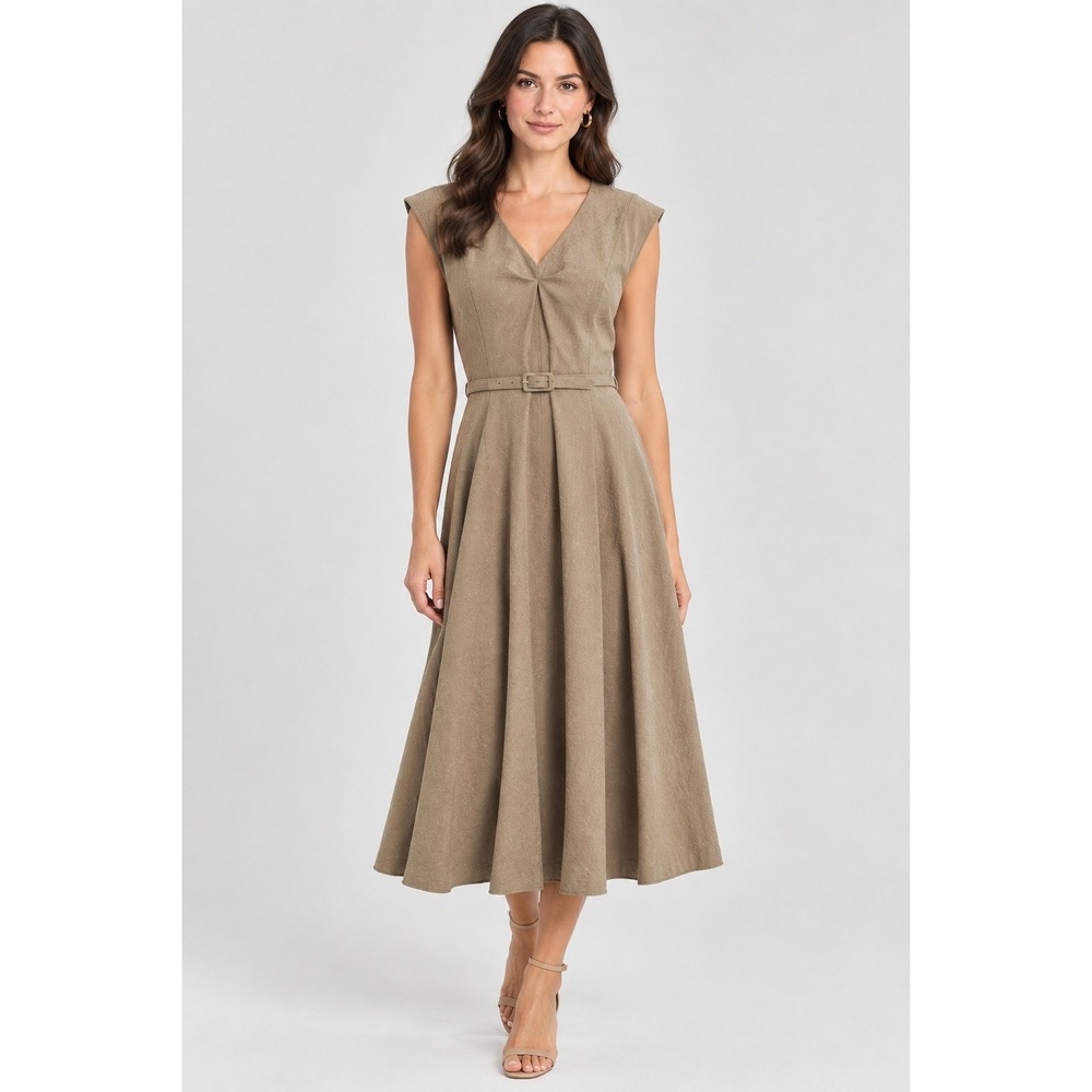 Talbots Womens Camel Brown Sleeveless V-Neck Belted A-Line Dress 16 Timeless